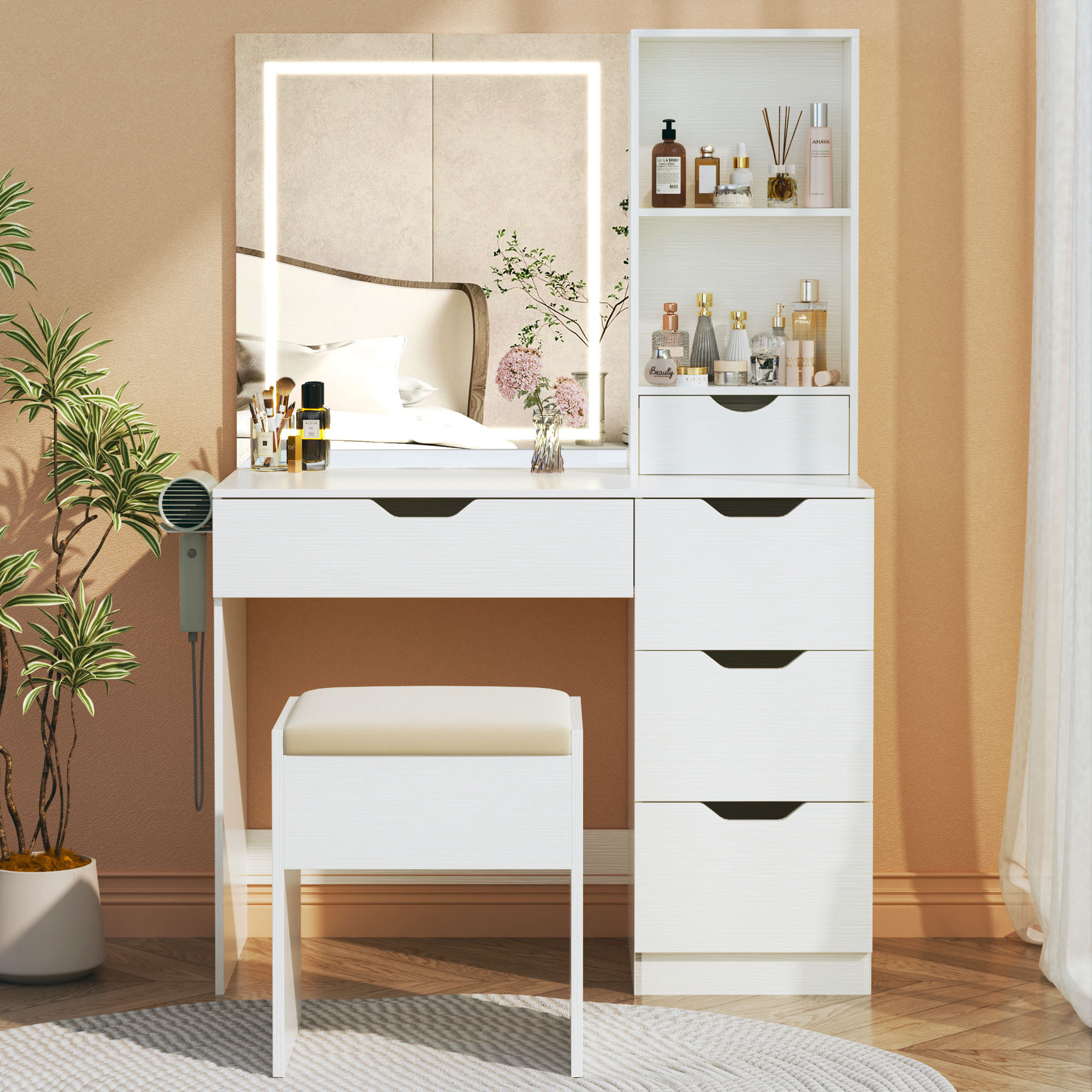 Makeup vanity with lights and chair discount